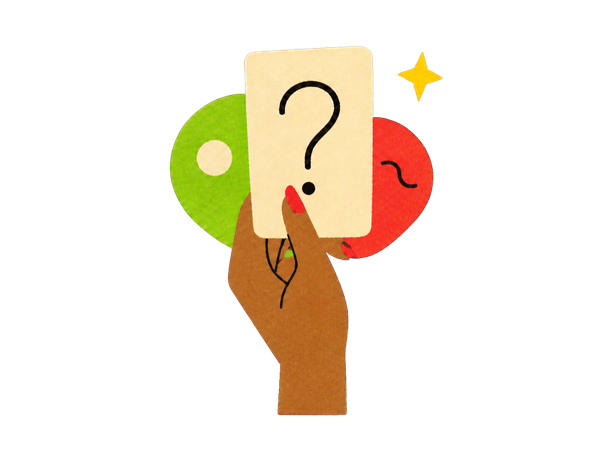 A hand holding a quiz card with a question mark