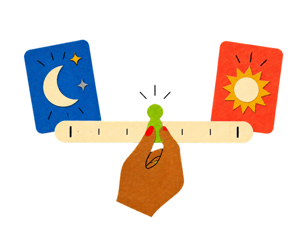 A game dial with a position between two opposite ideas