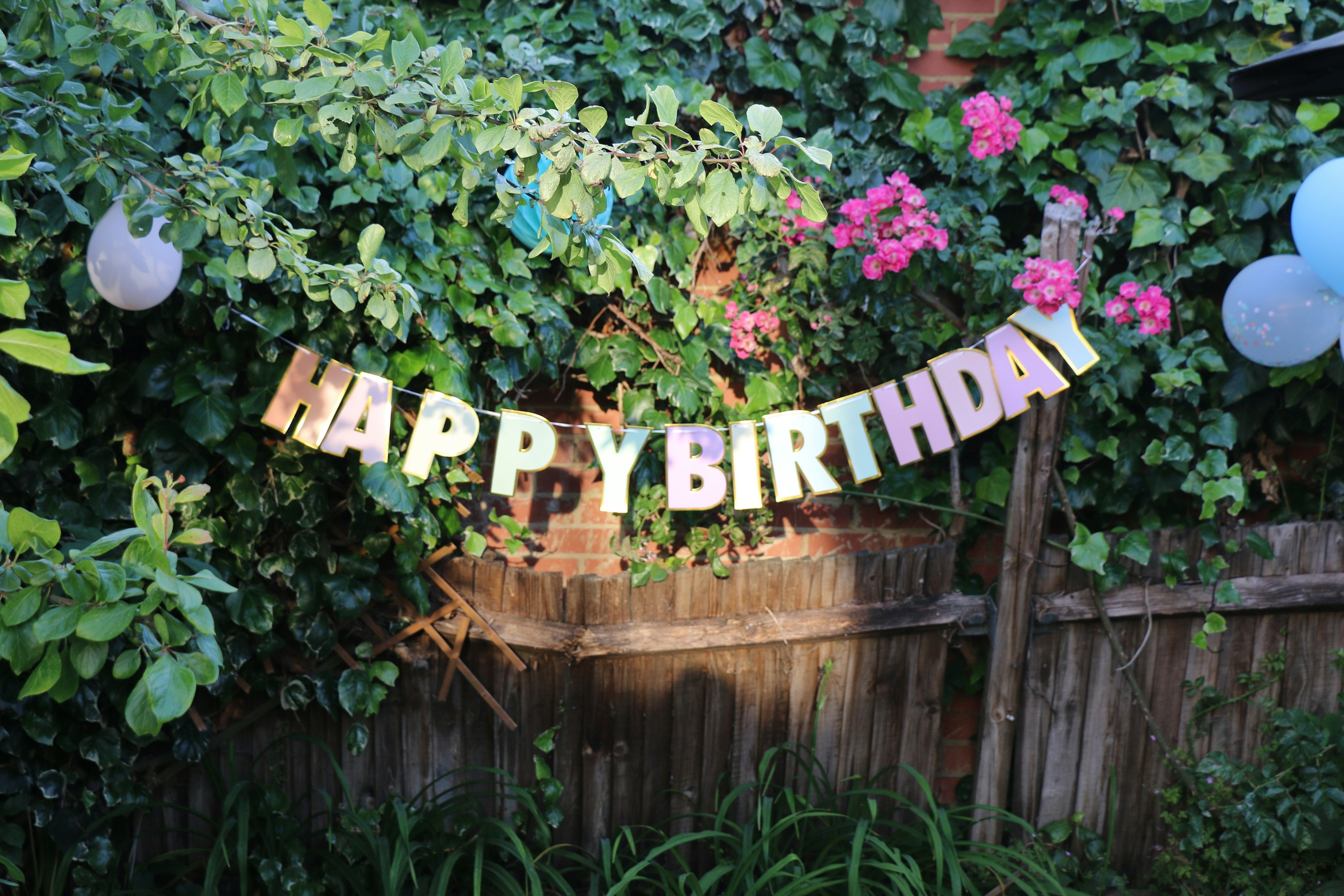 Colourful Happy Birthday bunting and balloons in a leafy garden
