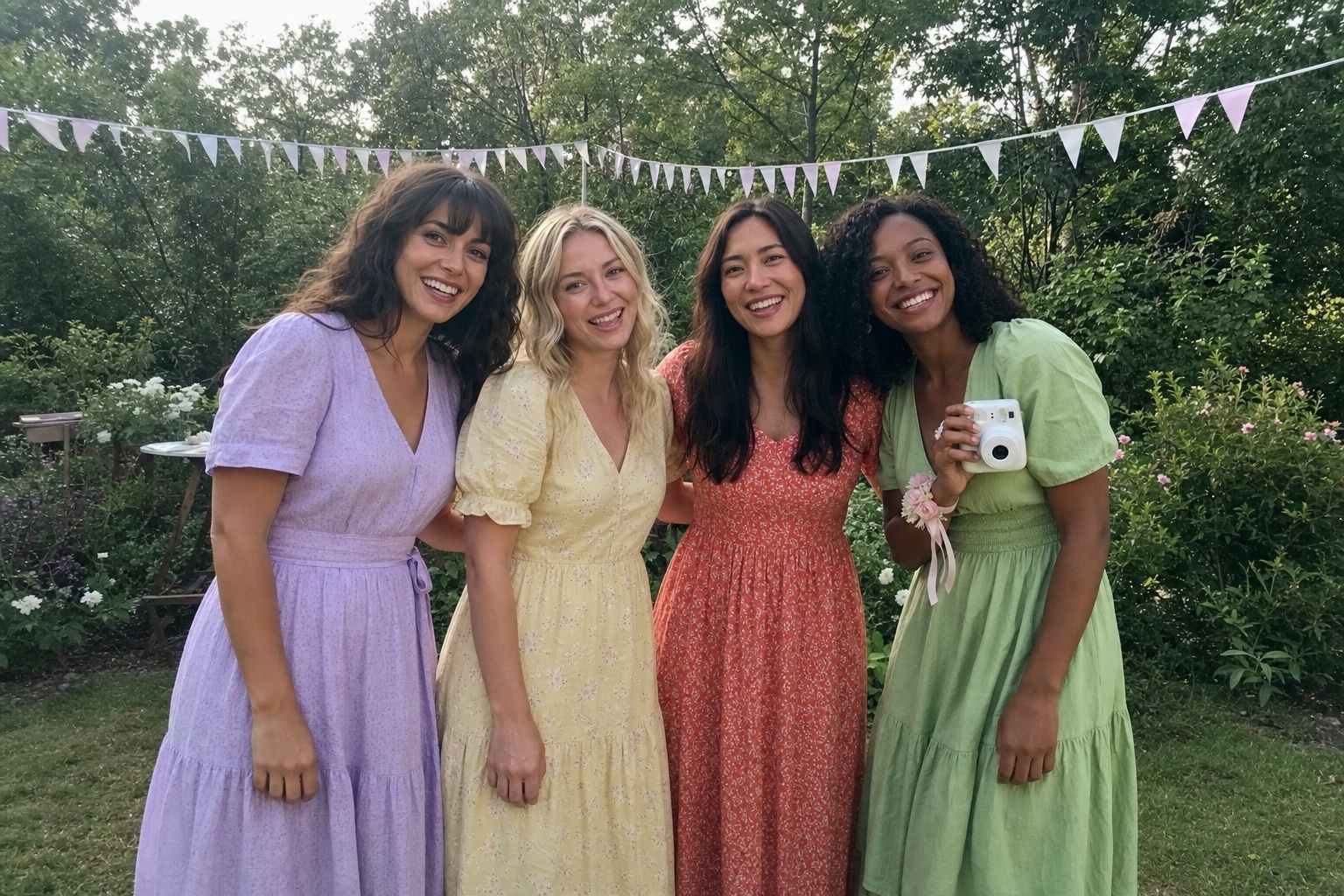Four friends at a relaxed garden hen party