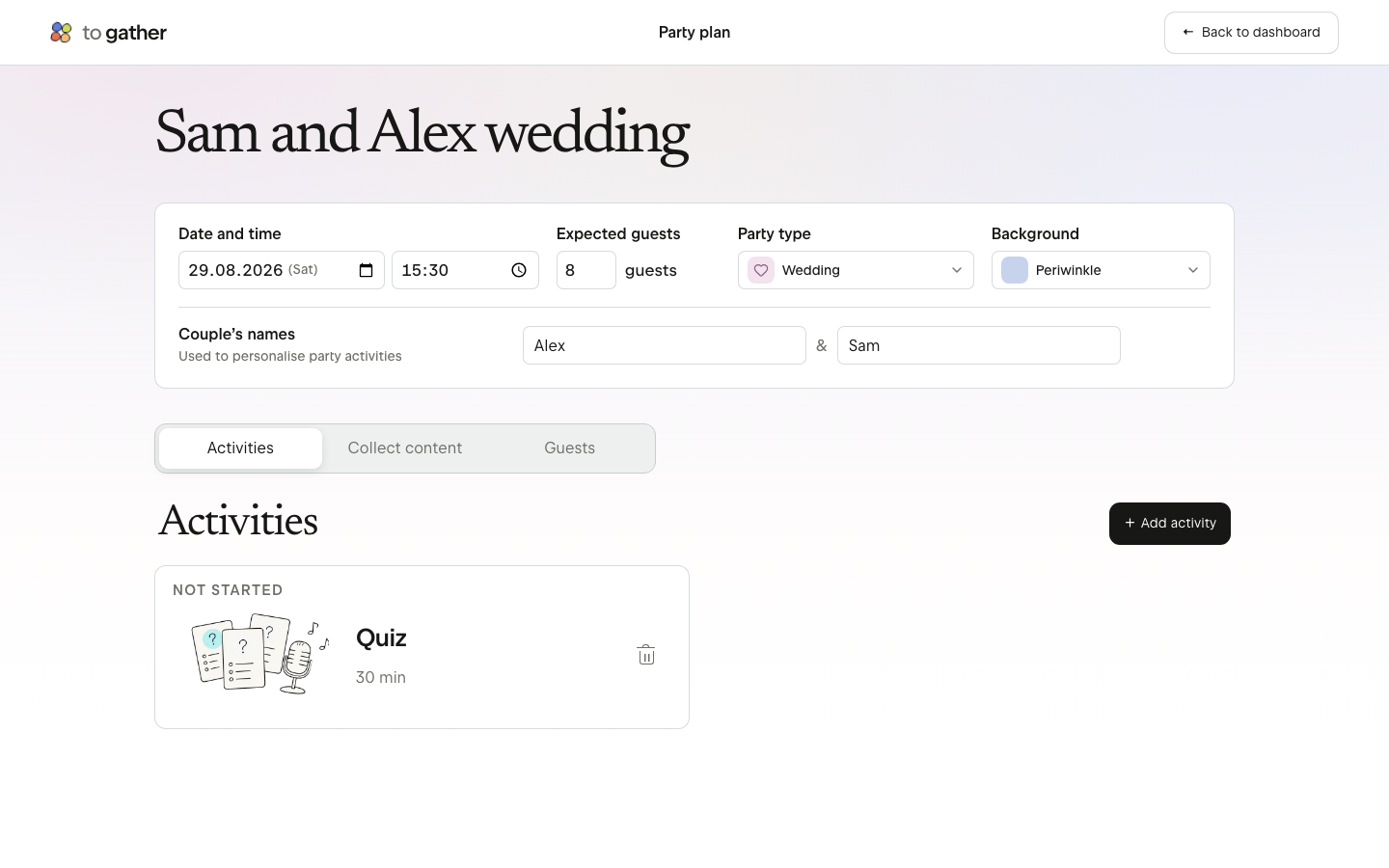 Event plan showing settings, activities and content collection in one workspace