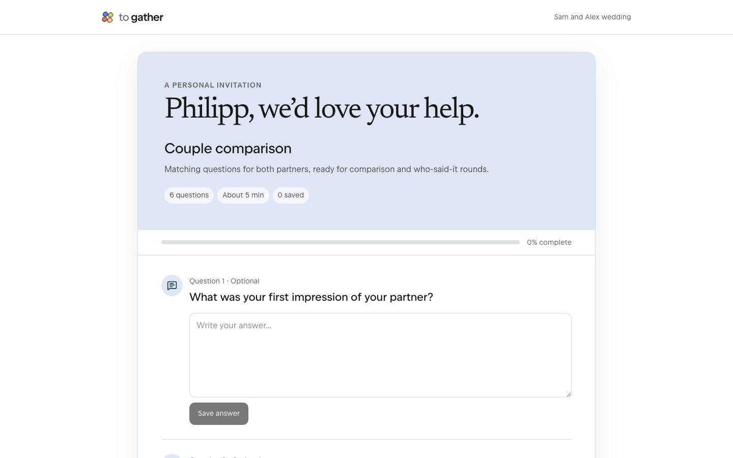 Private guest questionnaire for collecting memories, answers and photos before an event