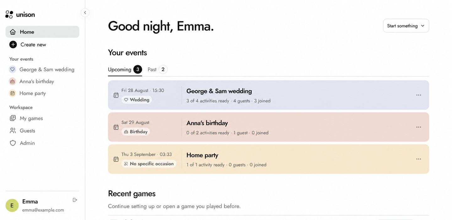 The unison organiser dashboard with events, ready-made games and recent activity